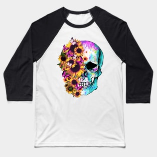 tatoo skull flowers sunflowers design art illustration Baseball T-Shirt